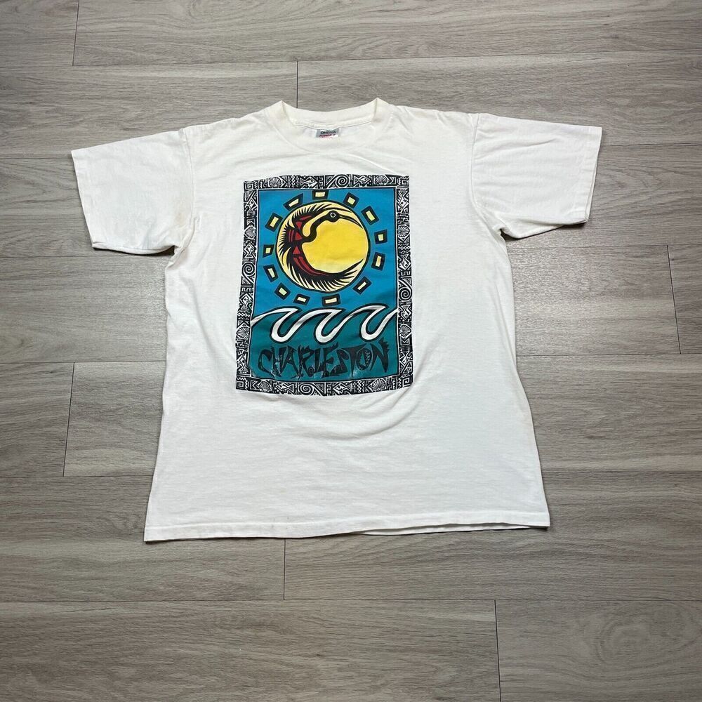 Vintage Shirt Mens Extra Large White Charleston North Carolina 90s Art Graphic